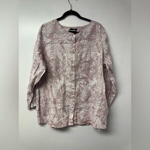 Tahari 1X Linen Tunic Top Pink Nature Print Lightweight Button Down Relaxed R